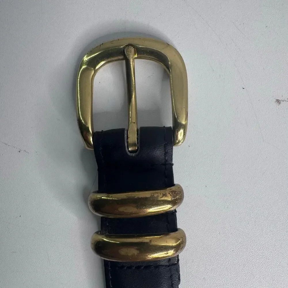 Vtg Dexter Black Belt Leather Brass Buckle Mens Size 32